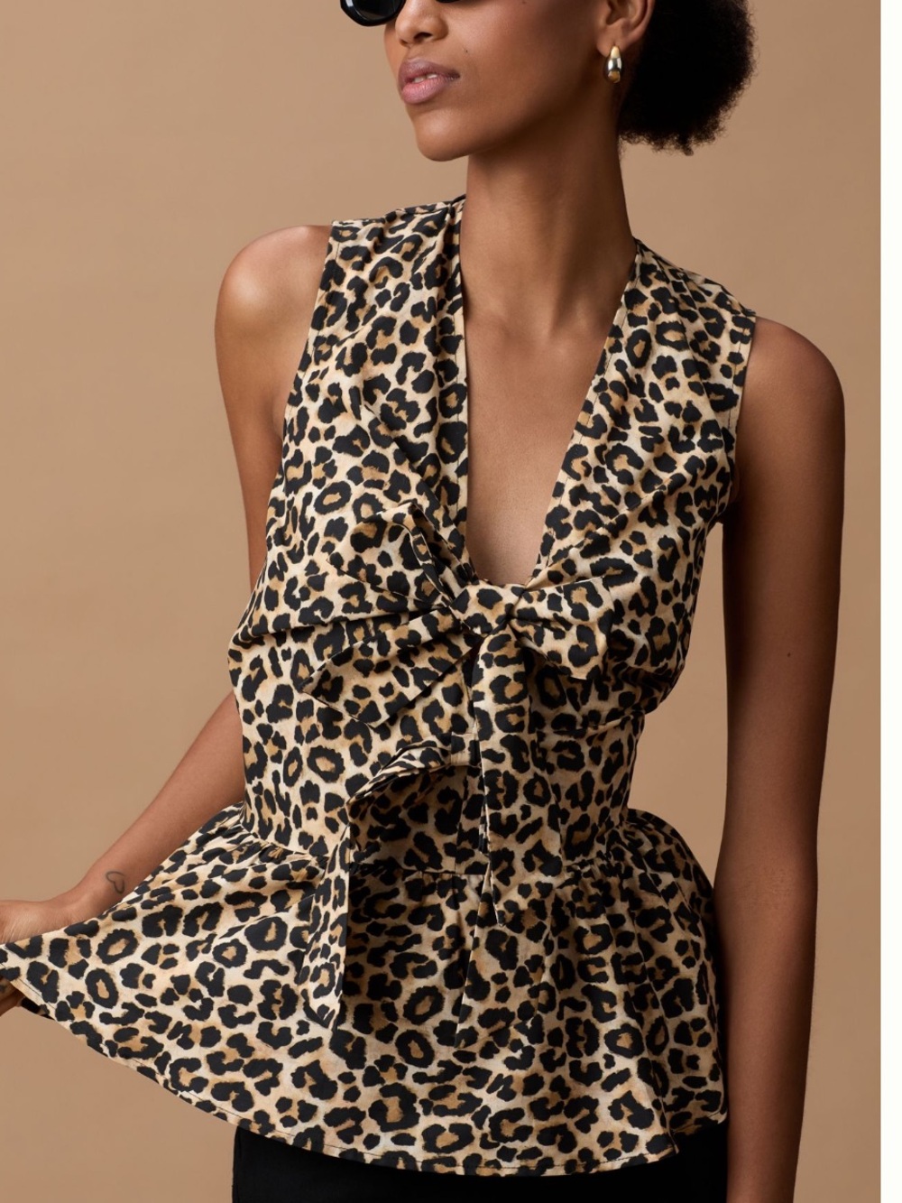 Anthropologie Leopard Print Tie-Front Peplum Blouse - Tan & Black